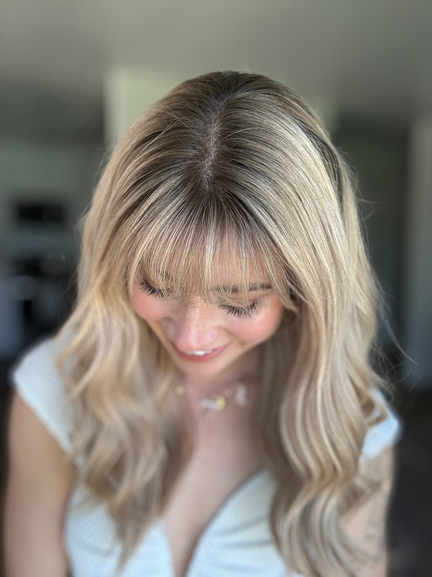 Dimensional Blonde With Bangs and Rooting // 18 inches // Small